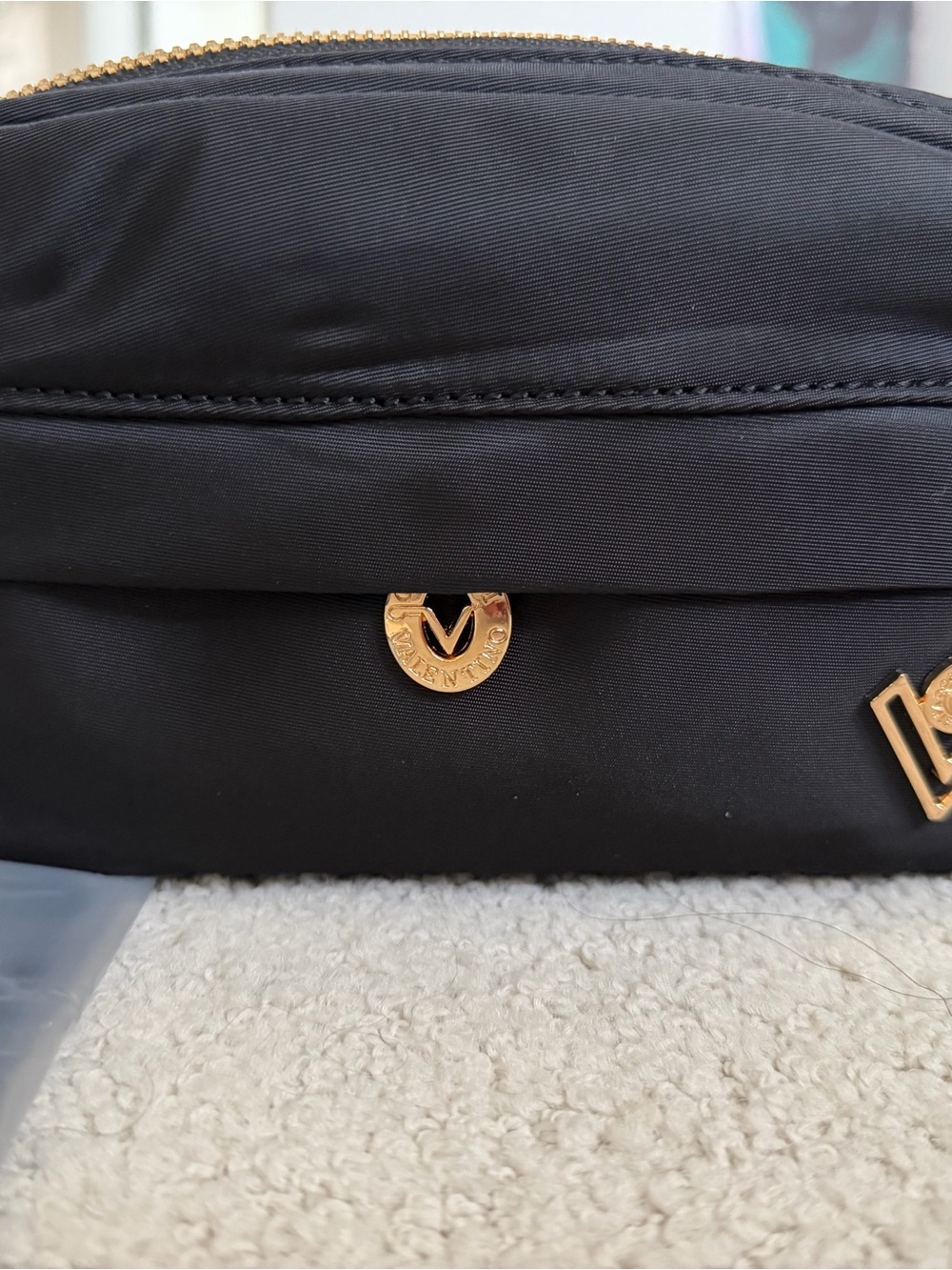 Valentino Orlando Black Fanny Pouch / Crossbody with Gold Logo Accents